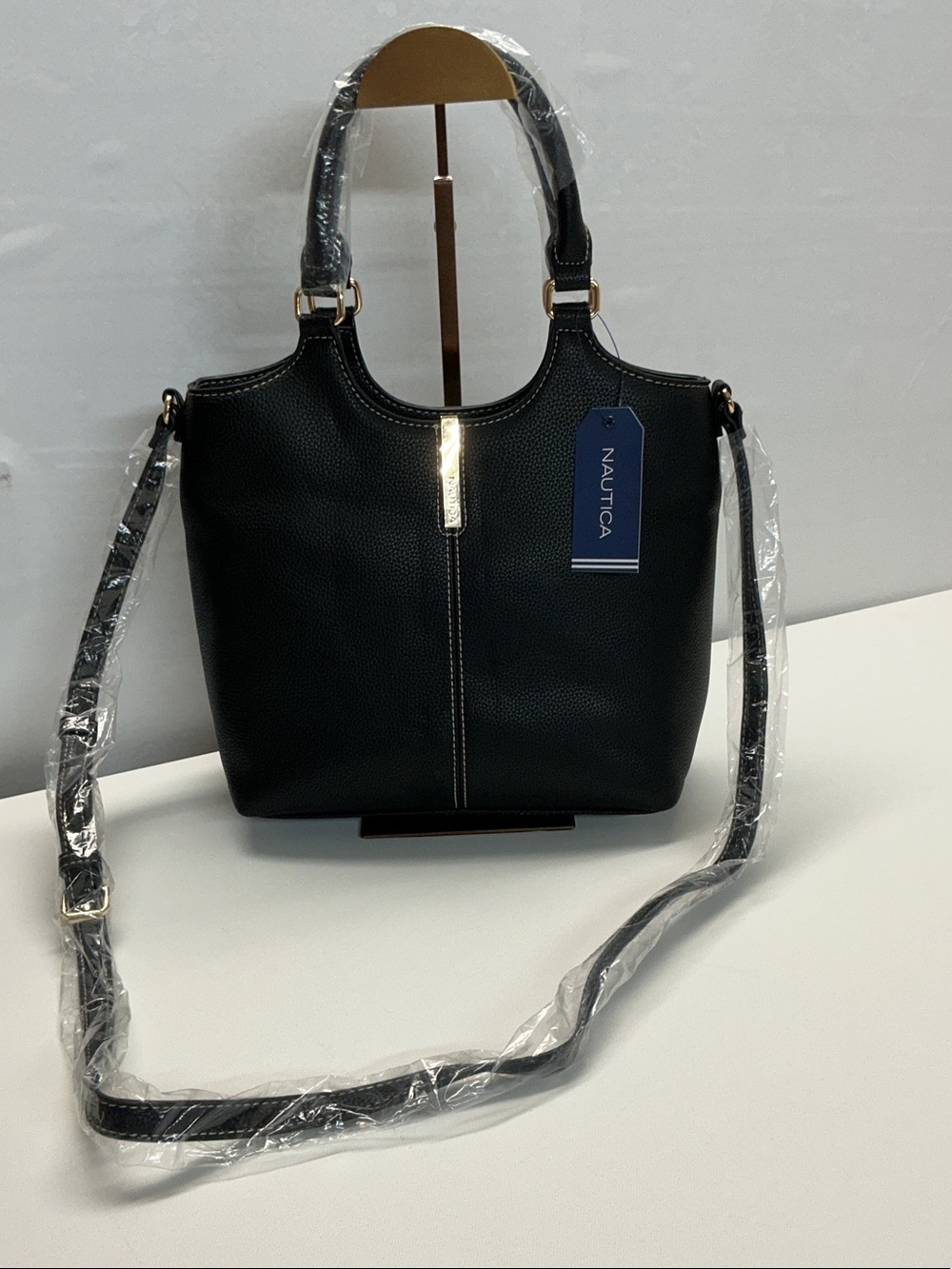 Nautica Black Pebbled Shoulder Tote with Gold Accent